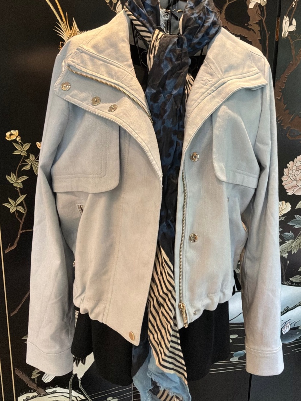 WHBM Everyday Moto Utility Jacket, Soft Blue/Chambray, Size Medium, EUC, 22” P2P